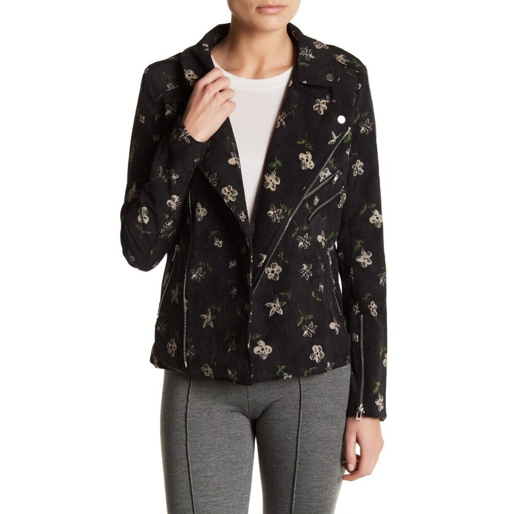 Romeo & Juliet Couture Black Floral Moto Jacket Corduroy Zippers Sz M NWT $198